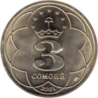 reverse of 3 Somonii (2001) coin with KM# 8 from Tajikistan. Inscription: 3 СОМОНӢ 2001