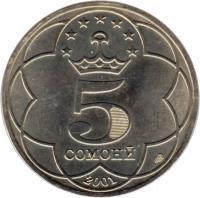 reverse of 5 Somonii (2001) coin with KM# 9 from Tajikistan. Inscription: 5 СОМОНӢ 2001