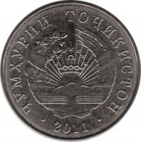 obverse of 1 Somoni (2011) coin with KM# 27 from Tajikistan. Inscription: · ҶУМҲУРИИ ТОҶИКИСТОН · 2011