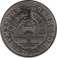 Tajikistan coin 1 Somoni (2011) obverse obverse of 1 Somoni (2011) coin with KM# 27 from Tajikistan. Inscription: · ҶУМҲУРИИ ТОҶИКИСТОН · 2011