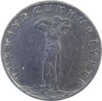 obverse of 25 Kuruş (1959 - 1978) coin with KM# 892 from Turkey. Inscription: TÜRKİYE CUMHURİYETİ