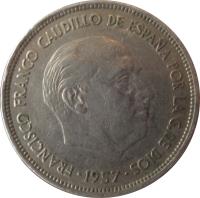 Spain coin 25 Pesetas - Francisco Franco (1957) obverse obverse of 25 Pesetas - Francisco Franco (1957) coin with KM# 787 from Spain. Inscription: FRANCISCO FRANCO CAUDILLO DE ESPAÑA POR LA G.DE DIOS 1957