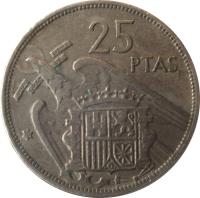 reverse of 25 Pesetas - Francisco Franco (1957) coin with KM# 787 from Spain. Inscription: 25 PTAS UNA GRANDE LIBRE