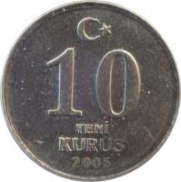 Turkey coin 10 Yeni Kuruş (2005 - 2008) reverse reverse of 10 Yeni Kuruş (2005 - 2008) coin with KM# 1166 from Turkey. Inscription: 10 YENİ KURUŞ 2008