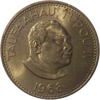 obverse of 10 Seniti - Taufa'ahau Tupou IV (1968 - 1974) coin with KM# 30 from Tonga. Inscription: TAUFA'AHAU TUPOU IV 1974