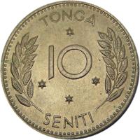 reverse of 10 Seniti - Salote Tupou III (1967) coin with KM# 7 from Tonga. Inscription: TONGA 10 SENITI