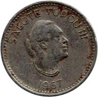 Tonga coin 5 Seniti - Salote Tupou III (1967) obverse obverse of 5 Seniti - Salote Tupou III (1967) coin with KM# 6 from Tonga. Inscription: SALOTE TUPOU III 1967