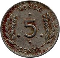 reverse of 5 Seniti - Salote Tupou III (1967) coin with KM# 6 from Tonga. Inscription: TONGA 5 SENITI