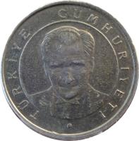 obverse of 25 Yeni Kuruş (2005 - 2008) coin with KM# 1167 from Turkey. Inscription: TÜRKİYE CUMHURİYETİ
