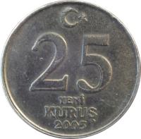 reverse of 25 Yeni Kuruş (2005 - 2008) coin with KM# 1167 from Turkey. Inscription: 25 YENİ KURUŞ 2005