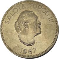 obverse of 20 Seniti - Salote Tupou III (1967) coin with KM# 8 from Tonga. Inscription: SALOTE TUPOU III 1967