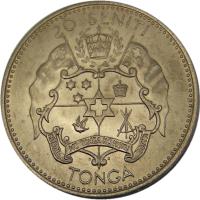 Tonga coin 20 Seniti - Salote Tupou III (1967) reverse reverse of 20 Seniti - Salote Tupou III (1967) coin with KM# 8 from Tonga. Inscription: 20 SENITI TONDA