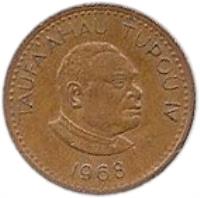 obverse of 1 Seniti - Taufa'ahau Tupou IV (1968) coin with KM# 27 from Tonga. Inscription: TAUFA'AHAU TUPOU IV 1968