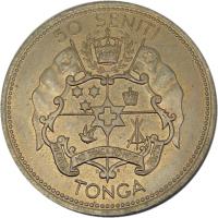 reverse of 50 Seniti - Salote Tupou III (1967) coin with KM# 9 from Tonga. Inscription: 50 SENITI TONGO