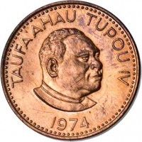 Tonga coin 2 Seniti - Taufa'ahau Tupou IV (1968 - 1974) obverse obverse of 2 Seniti - Taufa'ahau Tupou IV (1968 - 1974) coin with KM# 28 from Tonga. Inscription: TAUFA'AHAU IV 1974