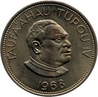 Tonga coin 50 Seniti - Taufa'ahau Tupou IV (1968) obverse obverse of 50 Seniti - Taufa'ahau Tupou IV (1968) coin with KM# 32 from Tonga. Inscription: TAUFA'AHAU TUPOU IV 1968