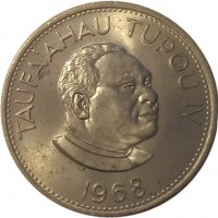 obverse of 20 Seniti - Taufa'ahau Tupou IV (1968 - 1974) coin with KM# 31 from Tonga. Inscription: TAUFA'AHAU TUPOU IV 1968