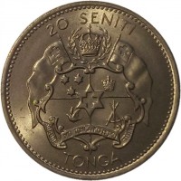 Tonga coin 20 Seniti - Taufa'ahau Tupou IV (1968 - 1974) reverse reverse of 20 Seniti - Taufa'ahau Tupou IV (1968 - 1974) coin with KM# 31 from Tonga. Inscription: 20 SENITI TONGA