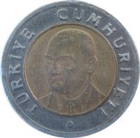 obverse of 1 Yeni Lira (2005 - 2008) coin with KM# 1169 from Turkey. Inscription: TÜRKİYE CUMHURİYETİ