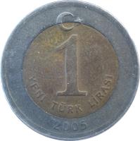 reverse of 1 Yeni Lira (2005 - 2008) coin with KM# 1169 from Turkey. Inscription: 1 YENİ TÜRK LIRASI 2006