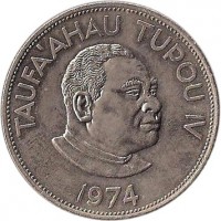 obverse of 2 Pa'anga - Taufa'ahau Tupou IV (1968 - 1974) coin with KM# 37 from Tonga. Inscription: TAUFA`AHAU TUPOU IV 1974