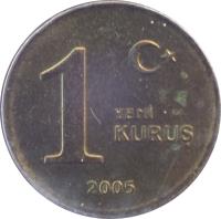 Turkey coin 1 Yeni Kuruş (2005 - 2008) reverse reverse of 1 Yeni Kuruş (2005 - 2008) coin with KM# 1164 from Turkey. Inscription: 1 YENİ KURUŞ 2005