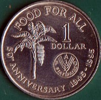 Trinidad and Tobago coin 1 Dollar - 50 Years of the F.A.O. - Food For All (1995 - 1999) reverse reverse of 1 Dollar - 50 Years of the F.A.O. - Food For All (1995 - 1999) coin with KM# 61 from Trinidad and Tobago. Inscription: FOOD FOR ALL 1 DOLLAR FAO FIAT PANIS 50TH ANNIVERSARY 1945-1995