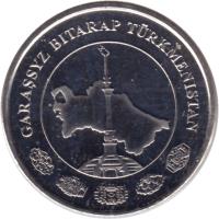 obverse of 2 Teňňe (2009) coin with KM# 96 from Turkmenistan. Inscription: GARAŞSYZ BITARAP T · RKMENISTAN