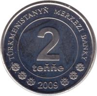 reverse of 2 Teňňe (2009) coin with KM# 96 from Turkmenistan. Inscription: TÜRKMENISTANYŇ MERKEZI BANKY 2 teňňe 2009