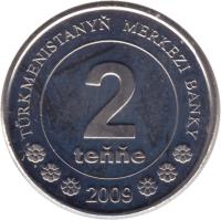 Turkmenistan coin 2 Teňňe (2009) reverse reverse of 2 Teňňe (2009) coin with KM# 96 from Turkmenistan. Inscription: TÜRKMENISTANYŇ MERKEZI BANKY 2 teňňe 2009