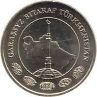 obverse of 20 Teňňe (2009) coin with KM# 99 from Turkmenistan. Inscription: GARAŞSYZ BITARAP TÜRKMENISTAN
