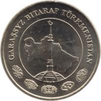 Turkmenistan coin 20 Teňňe (2009) obverse obverse of 20 Teňňe (2009) coin with KM# 99 from Turkmenistan. Inscription: GARAŞSYZ BITARAP TÜRKMENISTAN