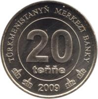reverse of 20 Teňňe (2009) coin with KM# 99 from Turkmenistan. Inscription: TÜRKMENISTANYŇ MERKEZI BANKY 20 teňňe 2009