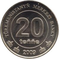 Turkmenistan coin 20 Teňňe (2009) reverse reverse of 20 Teňňe (2009) coin with KM# 99 from Turkmenistan. Inscription: TÜRKMENISTANYŇ MERKEZI BANKY 20 teňňe 2009