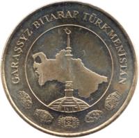 Turkmenistan coin 50 Teňňe (2009) obverse obverse of 50 Teňňe (2009) coin with KM# 100 from Turkmenistan. Inscription: GARAŞSYZ BITARAP TÜRKMENISTAN