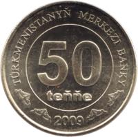 Turkmenistan coin 50 Teňňe (2009) reverse reverse of 50 Teňňe (2009) coin with KM# 100 from Turkmenistan. Inscription: TÜRKMENISTANYŇ MERKEZI BANKY 50 teňňe 2009