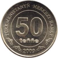 reverse of 50 Teňňe (2009) coin with KM# 100 from Turkmenistan. Inscription: TÜRKMENISTANYŇ MERKEZI BANKY 50 teňňe 2009