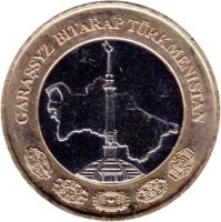 obverse of 1 Manat (2010) coin with KM# 103 from Turkmenistan. Inscription: GARAŞSYZ BITARAP TÜRKMENISTAN