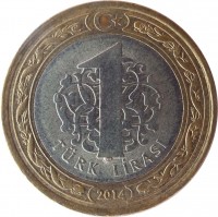 reverse of 1 Lira (2009 - 2018) coin with KM# 1244 from Turkey. Inscription: 1 TÜRK LİRASI 2014
