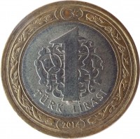 Turkey coin 1 Lira (2009 - 2018) reverse reverse of 1 Lira (2009 - 2018) coin with KM# 1244 from Turkey. Inscription: 1 TÜRK LİRASI 2014