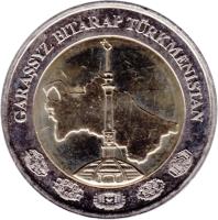 obverse of 2 Manat (2010) coin with KM# 104 from Turkmenistan. Inscription: GARAŞSYZ BITARAP TÜRKMENISTAN