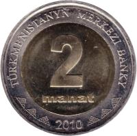 reverse of 2 Manat (2010) coin with KM# 104 from Turkmenistan. Inscription: TÜRKMENISTANYŇ MERKEZI BANKY 2 MANAT 2010