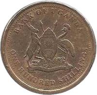 Uganda coin 100 Shillings - Non magnetic (1998 - 2008) obverse obverse of 100 Shillings - Non magnetic (1998 - 2008) coin with KM# 67 from Uganda. Inscription: BANK OF UGANDA ONE HUNDRED SHILLINGS FOR GOD AND MY COUNTRY