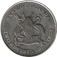 obverse of 200 Shillings - Non magnetic (1998 - 2003) coin with KM# 68 from Uganda. Inscription: BANK OF UGANDA FOR GOD AND MY COUNTRY TWO HUNDRED SHILLINGS