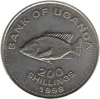 reverse of 200 Shillings - Non magnetic (1998 - 2003) coin with KM# 68 from Uganda. Inscription: BANK OF UGANDA 200 SHILLINGS 2003