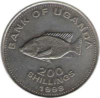 Uganda coin 200 Shillings - Non magnetic (1998 - 2003) reverse reverse of 200 Shillings - Non magnetic (1998 - 2003) coin with KM# 68 from Uganda. Inscription: BANK OF UGANDA 200 SHILLINGS 2003