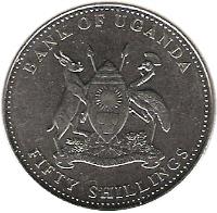 obverse of 50 Shillings (1998 - 2012) coin with KM# 66 from Uganda. Inscription: BANK OF UGANDA FOR GOD AND MY COUNTRY FIFTY SHILLINGS