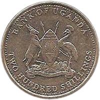 obverse of 200 Shillings - Magnetic (2007 - 2015) coin with KM# 68a from Uganda. Inscription: BANK OF UGANDA FOR GOD AND MY COUNTRY TWO HUNDRED SHILLINGS