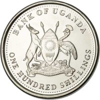 Uganda coin 100 Shillings - Magnetic (2007 - 2015) obverse obverse of 100 Shillings - Magnetic (2007 - 2015) coin with KM# 67a from Uganda. Inscription: BANK OF UGANDA FOR GOD AND MY COUNTRY ONE HUNDRED SHILLINGS