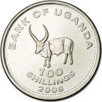 reverse of 100 Shillings - Magnetic (2007 - 2015) coin with KM# 67a from Uganda. Inscription: BANK OF UGANDA 100 SHILLINGS 2008